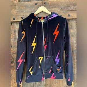 AVIATOR NATION Navy Velour Multi Lightning Bolt Hoodie Full Zip Crop Size Small